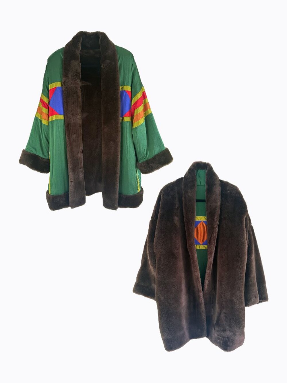 Vtg 80s Ann Tijan Kenar Reversible Cocoon Coat Large Green Colorblock Faux Fur